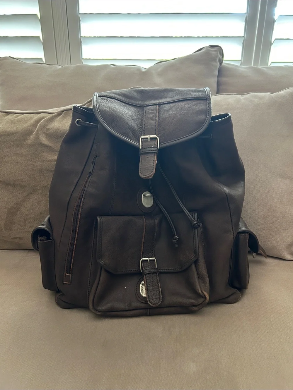 Brown Leather Men/women Backpack - Classic Drawstring Rucksack